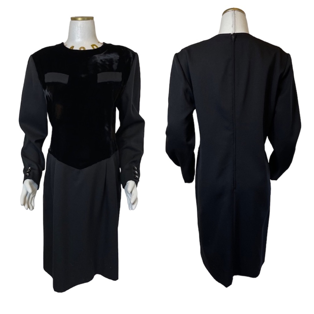 MILA SCHÖN Vintage Wool & Velvet Long Sleeve Dress, Black